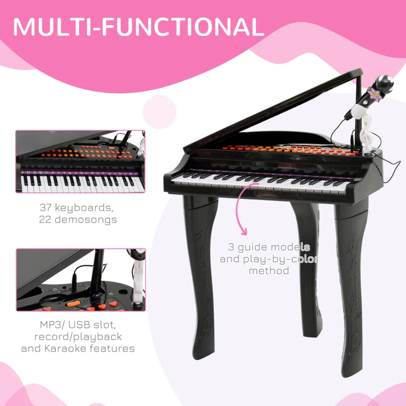 Qaba Mini Electronic Musical Piano 37 Key Keyboard Multifunction Kids Toy with Microphone Stool (Black)