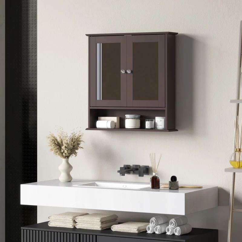 kleankin Medicine Cabinet, Wall-Mounted Bathroom Mirror Cabinet with Double Doors, Open Shelf, and Adjustable Shelf, Modern Bathroom Wall Cabinet, Dark Brown