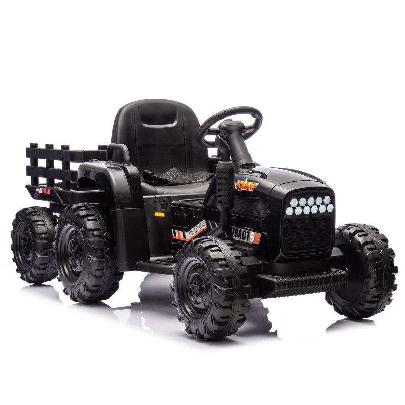 24V Remote Ride-On Tractor with Trailer, 3-Speed Adjustable, Battery Powered Electric Toy with USB, MP3, Bluetooth, LED Lights, for Kids, Black