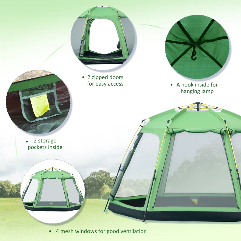 Outsunny 6 People Instant Automatic Camping Tent, 2-Tier Fabric Backpacking Tent with 4 Windows 2 Doors Portable Carry Bag for Fishing Hiking, Green