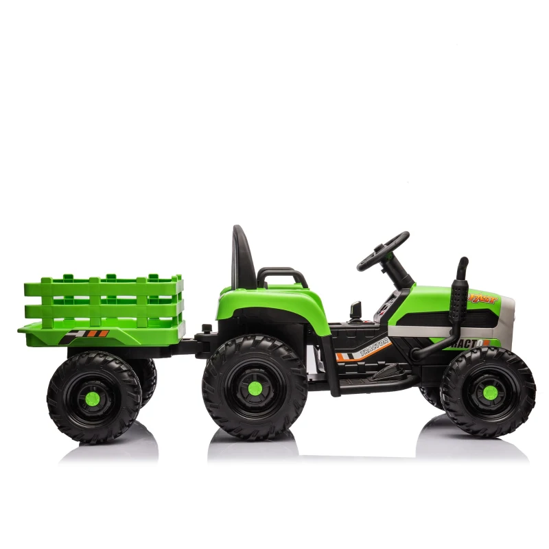 12V Ride-On Tractor with Trailer and Safety Belt, Battery Powered Electric Toy with 3-Speed, USB, MP3, LED Lights, for Kids Aged 3-6, Green