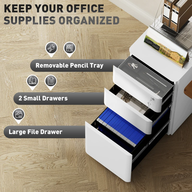 Vinsetto 3 Drawer Filing Cabinet, Lockable Steel Office Storage Cabinet with Hanging Bar for Letter, A4, Legal Files, White