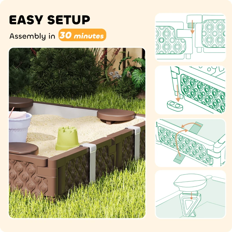 Qaba Kids Sandbox with Cover, 4 Corner Seats, Bottom Liner for Backyard, Garden, Outdoor, 47" x 47" x 9", Dark Brown