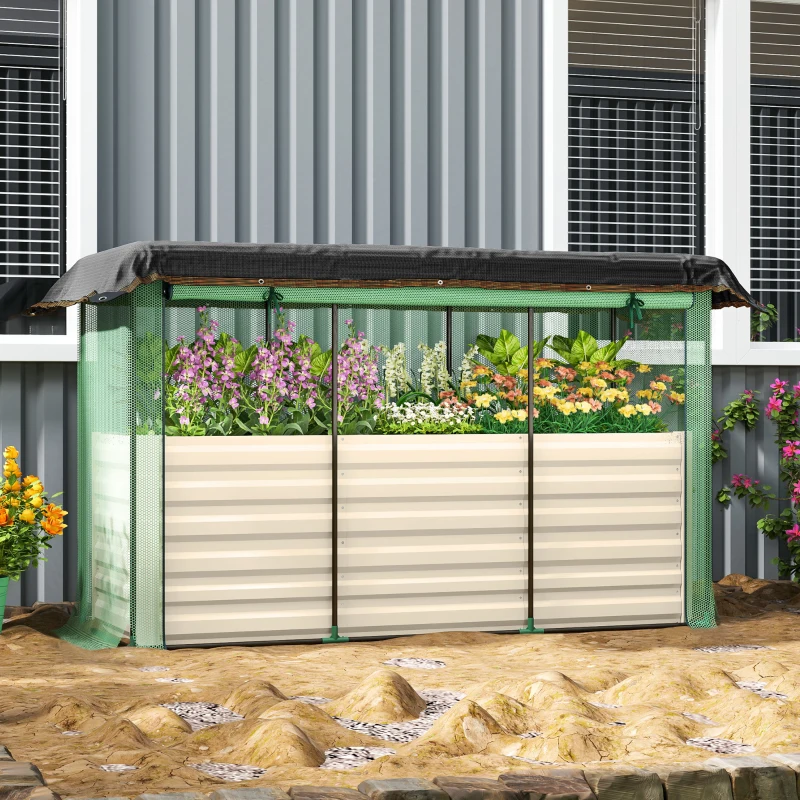 Outsunny Galvanized Steel Planter Box with Crop Cage and Shade Cloth, Raised Garden Bed for Flowers, Veggies and Herbs, Beige