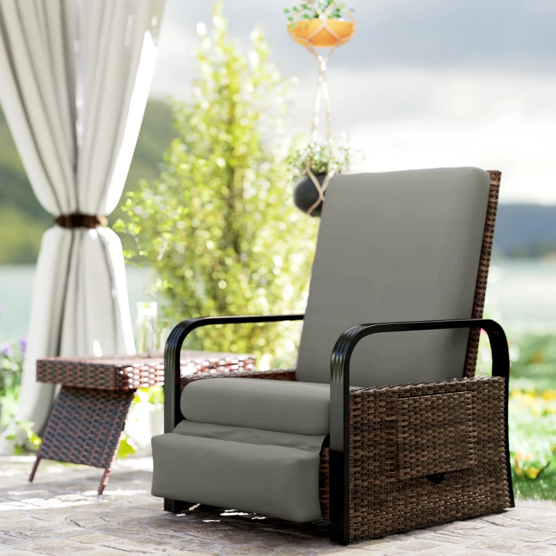 Outsunny Wicker Outdoor Recliner Chair, Reclining Lounge Chair with Adjustable Backrest, Footrest and Side Tray, Light Grey
