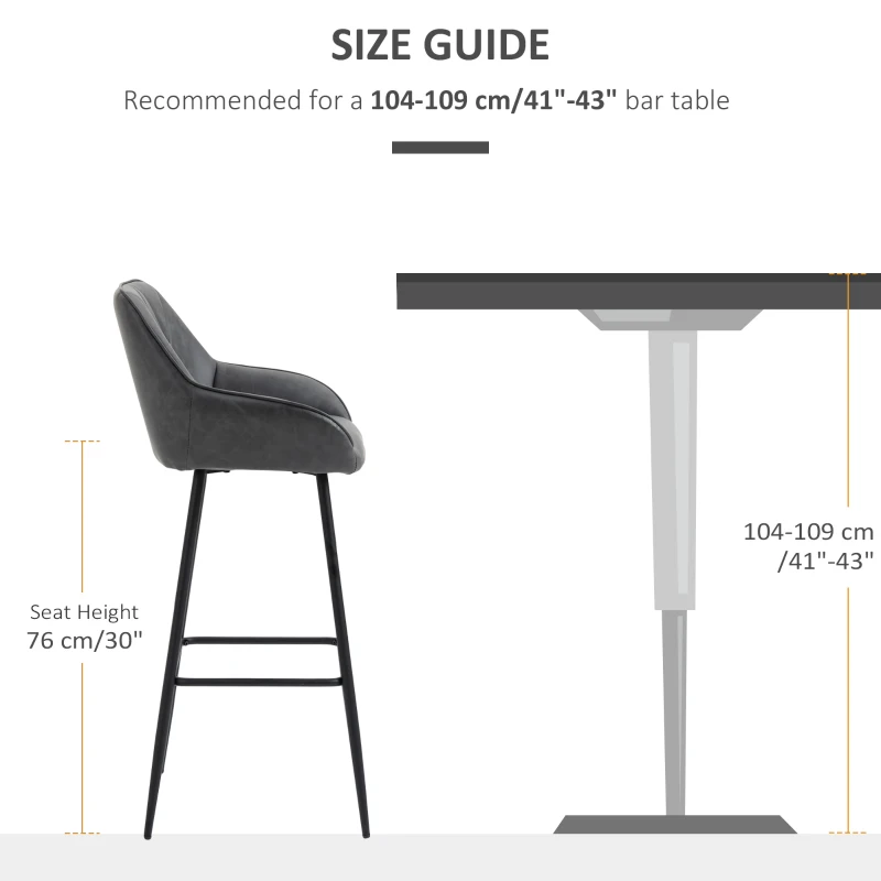 HOMCOM Retro Bar Stools Set of 2, Bar Chairs with Footrest, 30" (76 cm.) Kitchen Stools with Backs and Steel Legs, for Kitchen Island and Home Bar, Grey