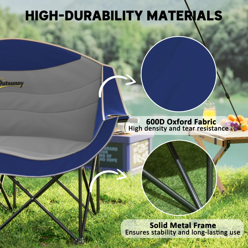 Outsunny Padded Folding Camp Chair for Adults, Double Camping Chair with Armrests, Cup Holders, Carry Bag for Outdoor, Blue