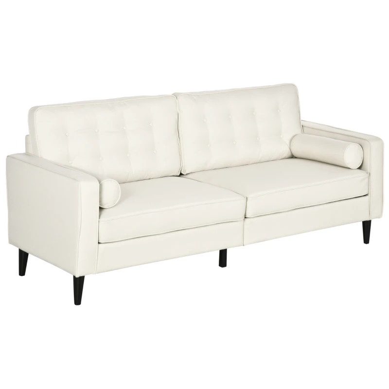 HOMCOM Mid-Century Sofa, Couch with Button-Tufted Back Cushion, Velvet Feel Fabric Upholstery, 2 Cylindrical Pillows and Rubber Wood Legs for Living Room, Cream White