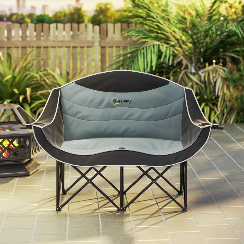 Outsunny Padded Folding Camp Chair for Adults, Double Camping Chair with Armrests, Cup Holders, Carry Bag for Outdoor, Black