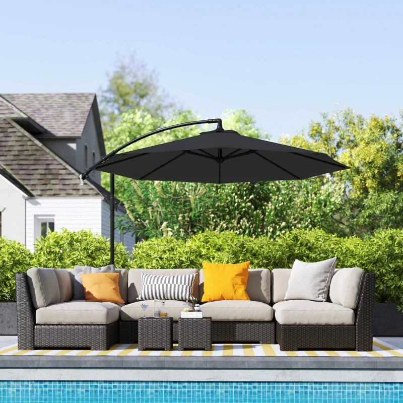 Outsunny 9.7ft Offset Patio Umbrella Garden Hanging Parasol Banana Cantilever Umbrella with Base, Crank, Black