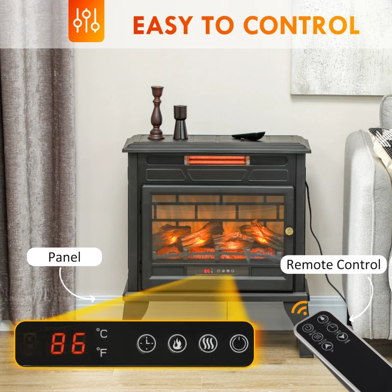 HOMCOM 24" Electric Fireplace Stove, 1000W/1500W Freestanding Fireplace Heater with Overheat Protection, Remote Control, Black