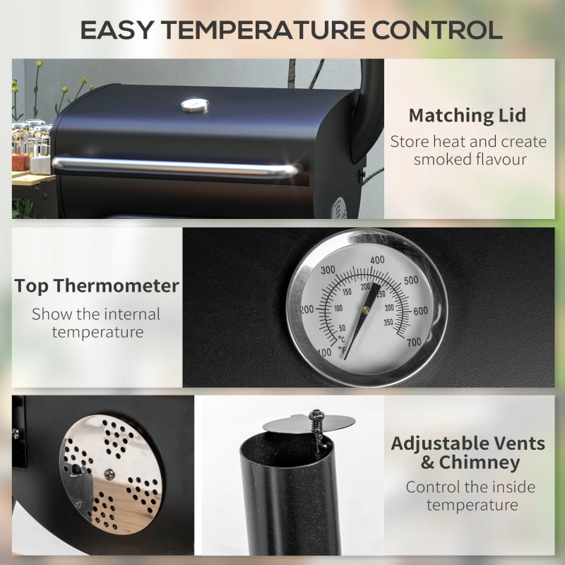 Outsunny Charcoal Barbecue Grill, BBQ with Thermometer, Shelves and Wheels, Black