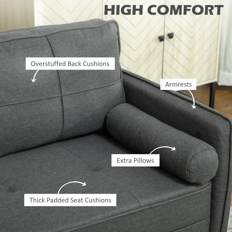 HOMCOM 56" Loveseat Sofa for Bedroom Upholstered 2 Seater Couch with Back Cushions and Pillows, Dark Grey