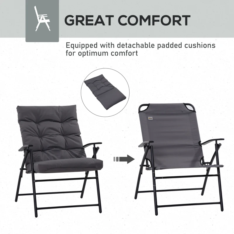 Outsunny Set of 2 Outdoor Folding Chairs with Adjustable Backrest, Padded Camping Chairs for Outdoor Events, Grey