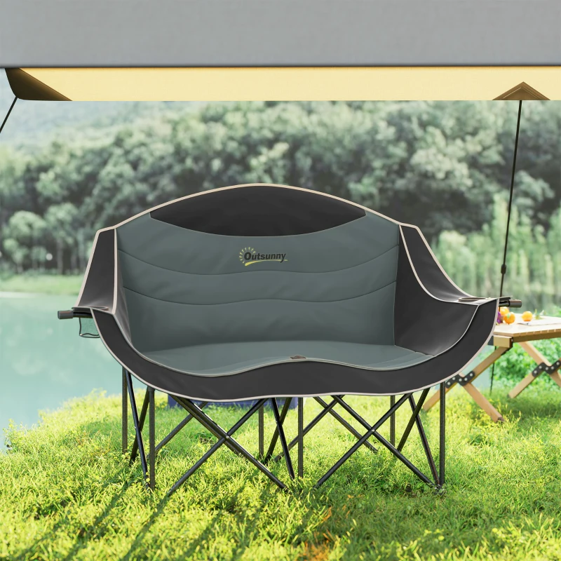 Outsunny Padded Folding Camp Chair for Adults, Double Camping Chair with Armrests, Cup Holders, Carry Bag for Outdoor, Black