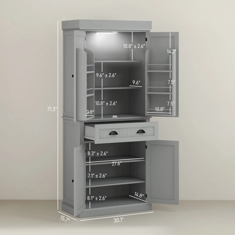 HOMCOM 71" Kitchen Pantry Cabinet with LED Lights, 6 Door Shelves, a Drawer and 4 Adjustable Shelves, Gray