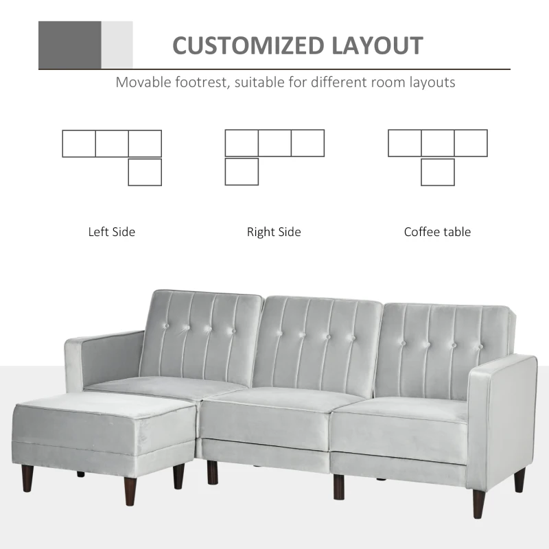 HOMCOM Upholstered L-Shaped Sofa Bed, Reversible Sectional Recliner Sofa Set, Velvet-Feel Sleeper Futon with Footstool, Grey
