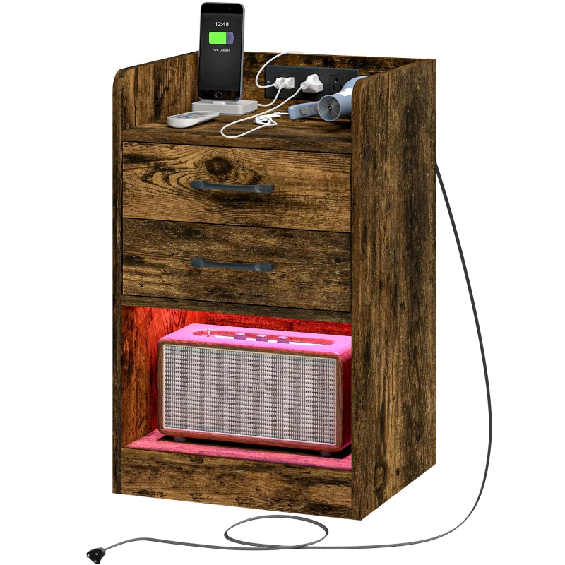 HOMCOM Tall Nightstand with Charging Station and LED Lights, Small Bedside Table with AC Outlets, USB Ports, 2 Drawers, Shelf