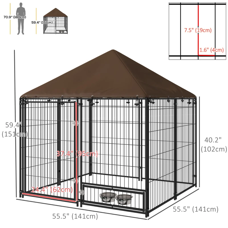 PawHut 4.6' x 4.6' x 5' Outdoor Dog Kennel with Canopy, Rotating Bowls, Coffee