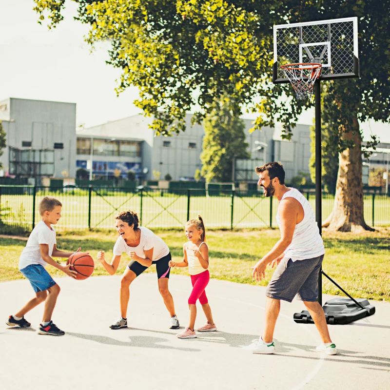 Soozier Portable Basketball Hoop, 5.2-10' Adjustable Height, Weight Base with Ball Holder, Basket Ball Stand on Wheels with 43" Backboard for Outdoor Junior Youth Adult Use, Black, White
