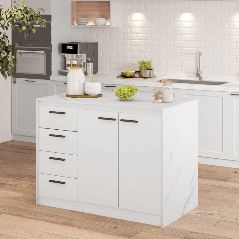 HOMCOM Kitchen Island with Storage Cabinet, 4 Drawers and Adjustable Shelf for Dining Room, Faux Marble Effect and White