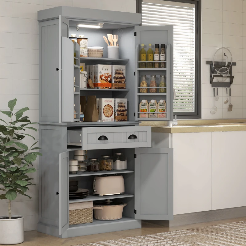 HOMCOM 71" Kitchen Pantry Cabinet with LED Lights, 6 Door Shelves, a Drawer and 4 Adjustable Shelves, Gray
