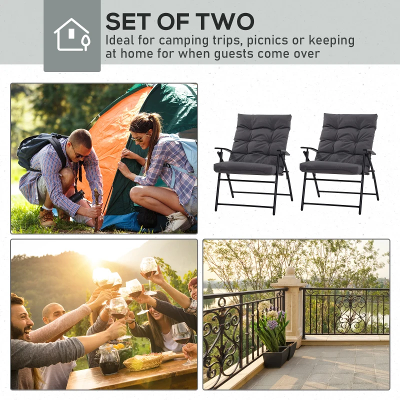 Outsunny Set of 2 Outdoor Folding Chairs with Adjustable Backrest, Padded Camping Chairs for Outdoor Events, Grey