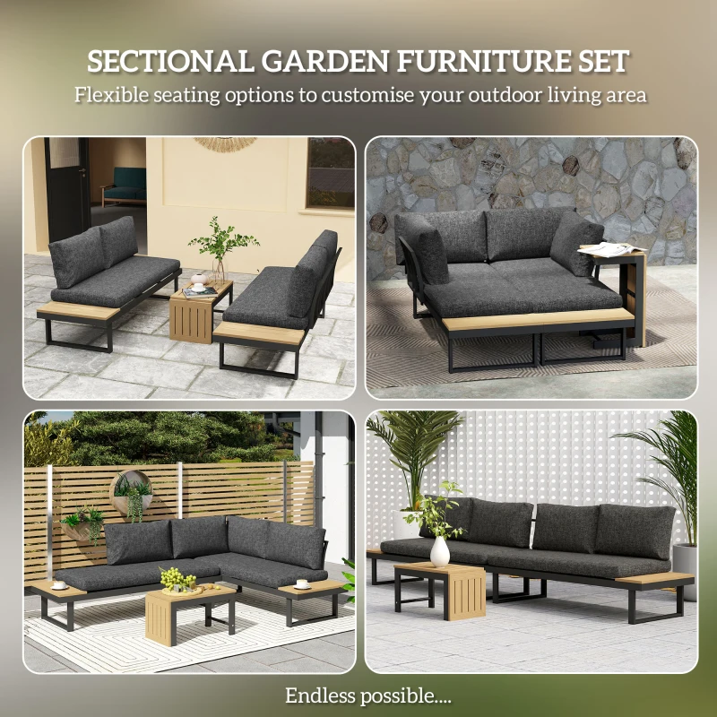 Outsunny 3 Pieces Aluminum Corner Patio Furniture Set Sectional Outdoor Sofa Set with 2 Loveseats Wood-Plastic Coffee Table Grey