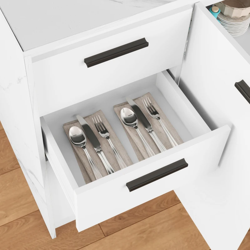 HOMCOM Kitchen Island with Storage Cabinet, 4 Drawers and Adjustable Shelf for Dining Room, Faux Marble Effect and White