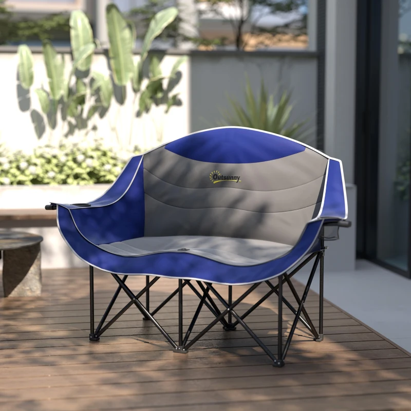 Outsunny Padded Folding Camp Chair for Adults, Double Camping Chair with Armrests, Cup Holders, Carry Bag for Outdoor, Blue