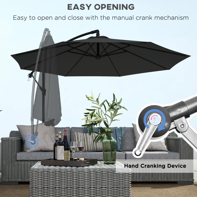 Outsunny 9.7ft Offset Patio Umbrella Garden Hanging Parasol Banana Cantilever Umbrella with Base, Crank, Black