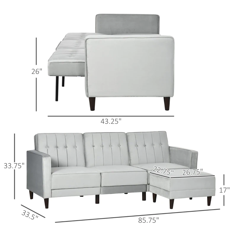 HOMCOM Upholstered L-Shaped Sofa Bed, Reversible Sectional Recliner Sofa Set, Velvet-Feel Sleeper Futon with Footstool, Grey