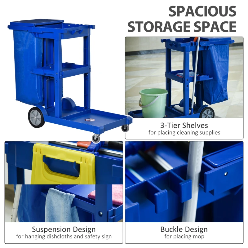 HOMCOM Commercial Janitorial Cart with 3 Tier Shelves Professional Cleaning Trolley with Rubbish Bag with Lid and Mop Mount for Hotel, Restaurant, Office,  47.75"x20"x39.25", Blue