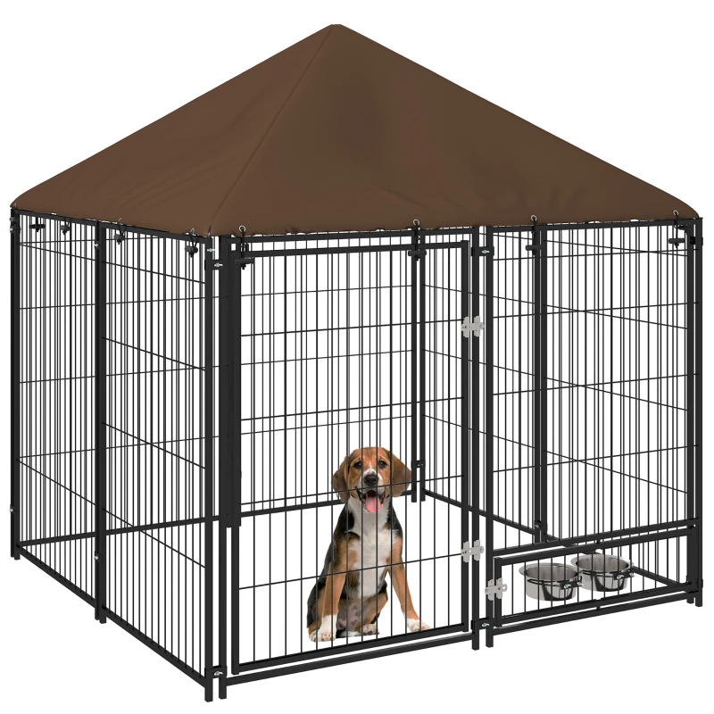 PawHut 4.6' x 4.6' x 5' Outdoor Dog Kennel with Canopy, Rotating Bowls, Coffee