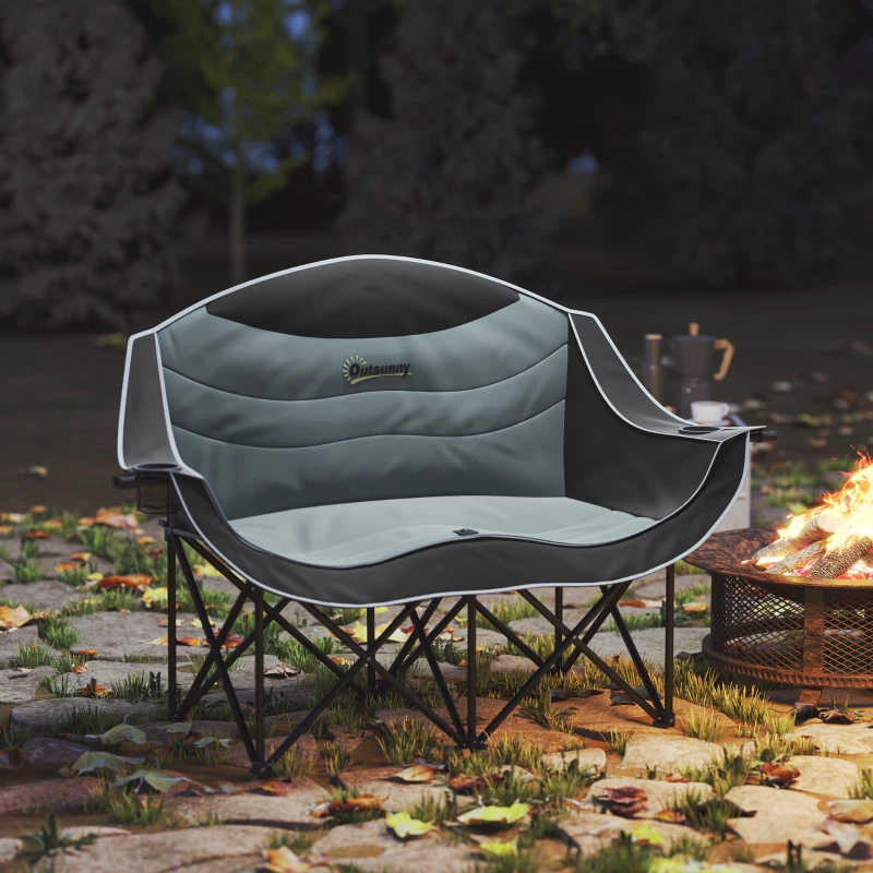 Outsunny Padded Folding Camp Chair for Adults, Double Camping Chair with Armrests, Cup Holders, Carry Bag for Outdoor, Black