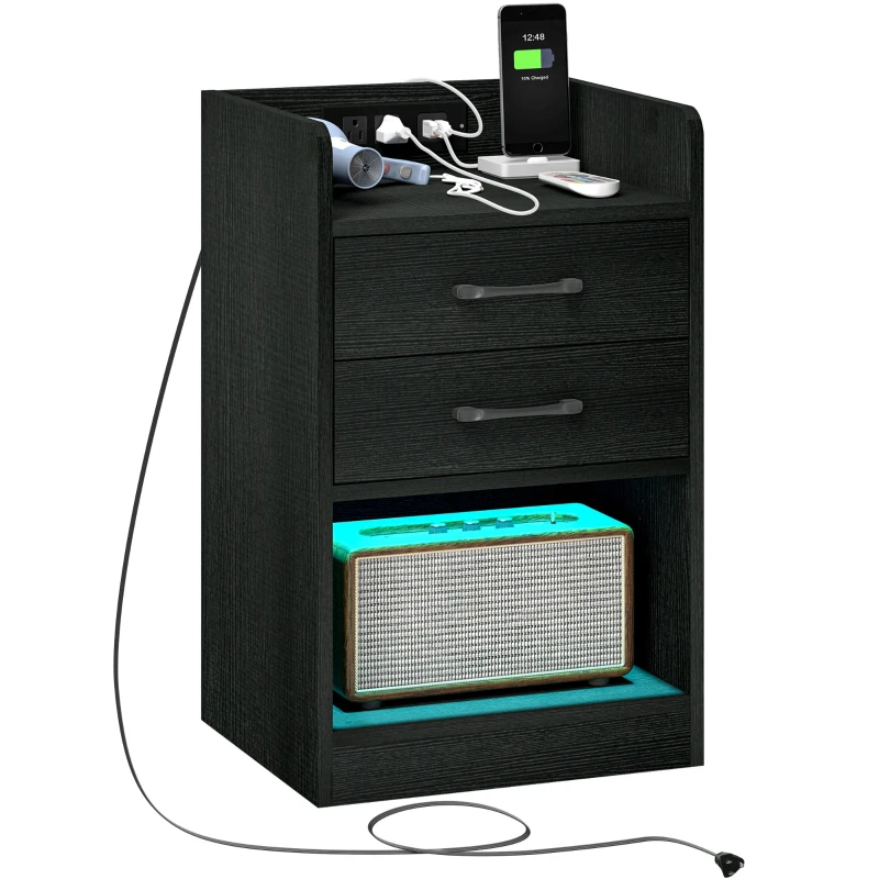 HOMCOM Tall Nightstand with Charging Station and LED Lights, Small Bedside Table with AC Outlets, USB Ports, 2 Drawers, Shelf