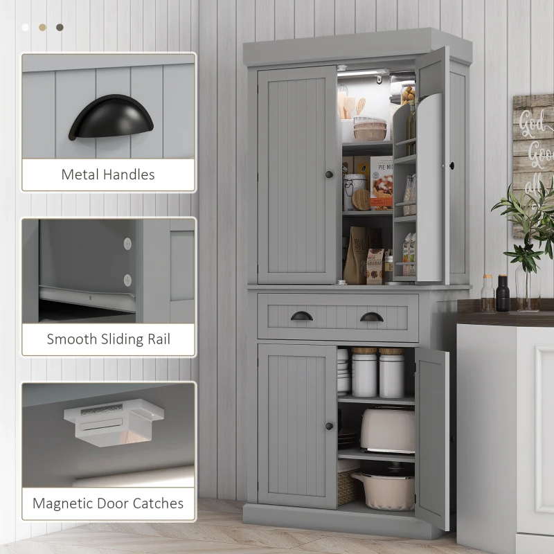 HOMCOM 71" Kitchen Pantry Cabinet with LED Lights, 6 Door Shelves, a Drawer and 4 Adjustable Shelves, Gray