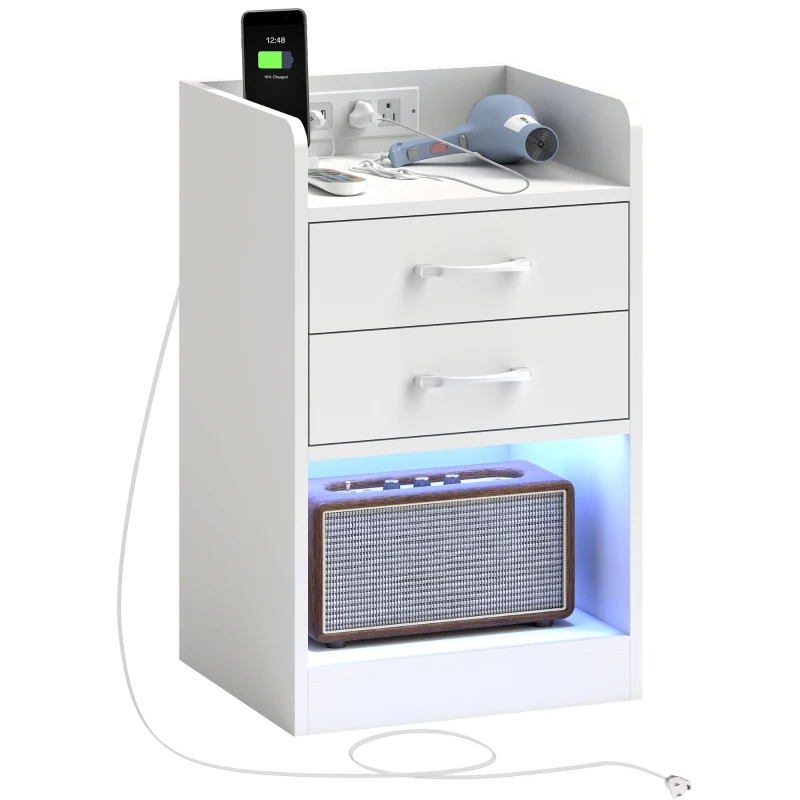 HOMCOM Tall Nightstand with Charging Station and LED Lights, Small Bedside Table with AC Outlets, USB Ports, 2 Drawers, Shelf