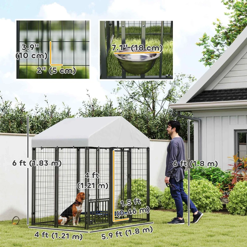 PawHut Outdoor Dog Kennel with Waterproof UV-Resistant Cover, Rotating & 4-Level Adjustable Feeding Bowls, 5.9 x 4 x 6 ft