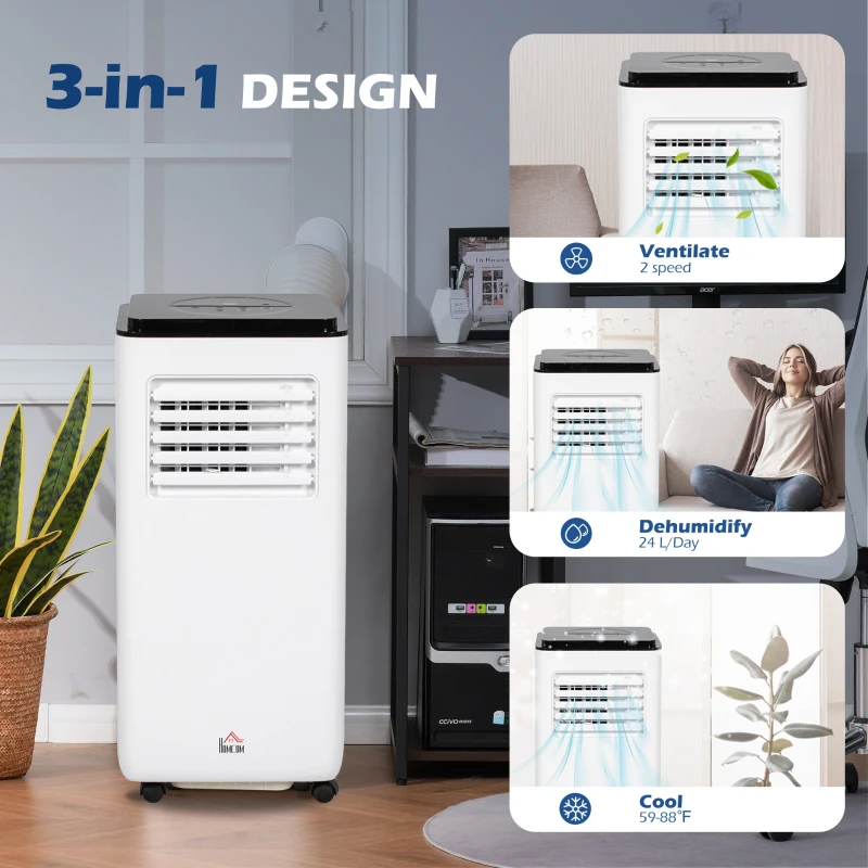 HOMCOM 8,000 BTU Moible Air Conditioner 345 Sq. Ft., Dehumidifier Fan Auto Sleep with 24H Timer On/Off, Window Kit, White