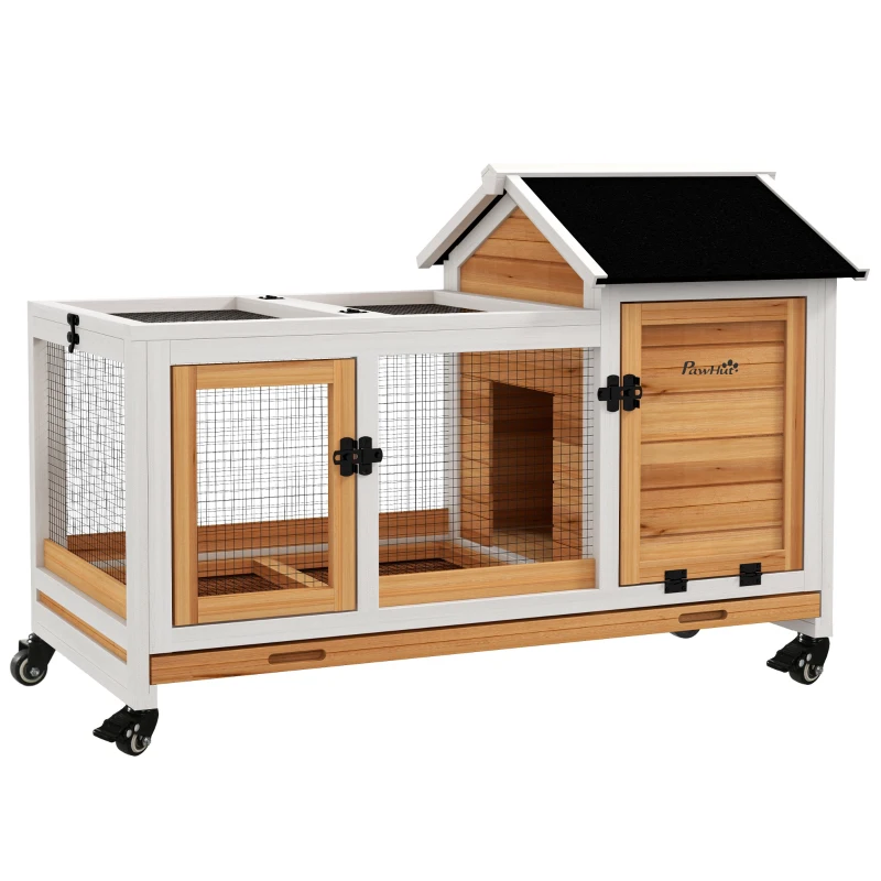 PawHut Wooden Rabbit Hutch with Wheels, Run, Slide-out Tray for Small Animals, Guinea Pig, Yellow