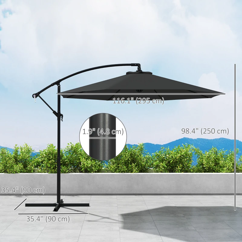 Outsunny 9.7ft Offset Patio Umbrella Garden Hanging Parasol Banana Cantilever Umbrella with Base, Crank, Black
