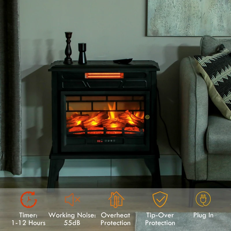 HOMCOM 24" Electric Fireplace Stove, 1000W/1500W Freestanding Fireplace Heater with Overheat Protection, Remote Control, Black
