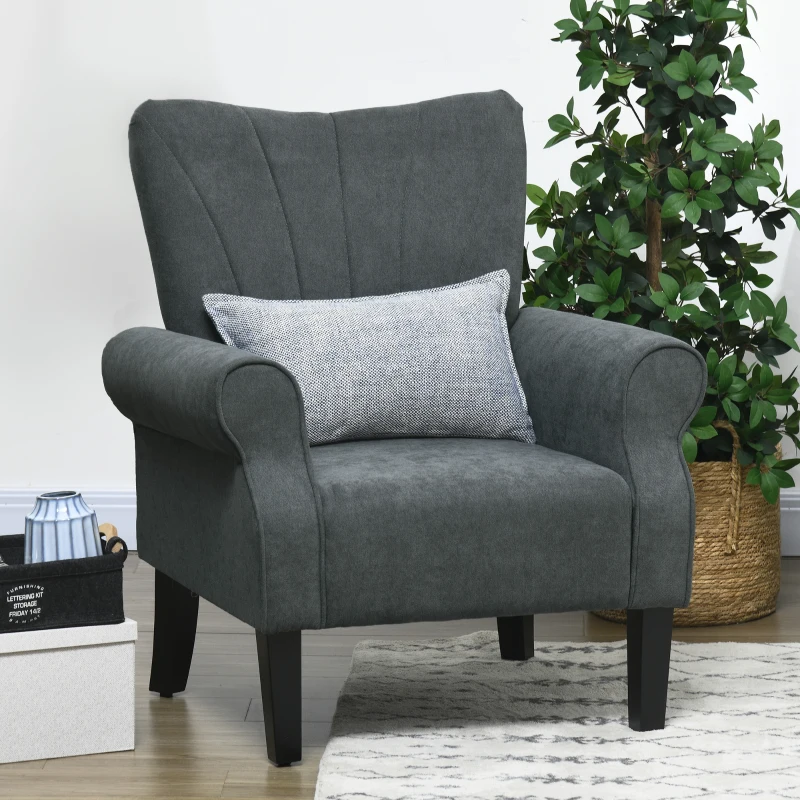 HOMCOM Fabric Armchair, Modern Accent Chair with Wood Legs for Living Room, Bedroom, Home Office, Dark Grey