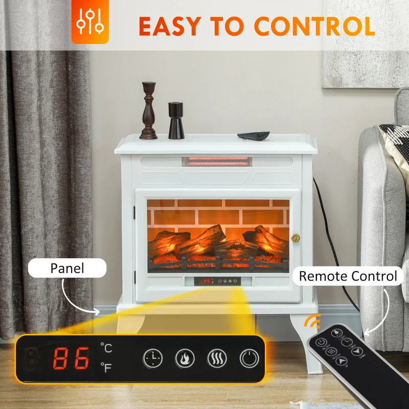 HOMCOM 24" Electric Fireplace Stove, 1000W/1500W Freestanding Fireplace Heater with Overheat Protection, Remote Control, White