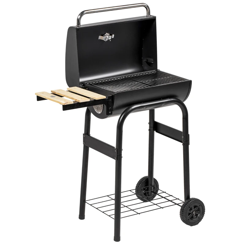 Outsunny Charcoal Barbecue Grill, BBQ with Thermometer, Shelves and Wheels, Black