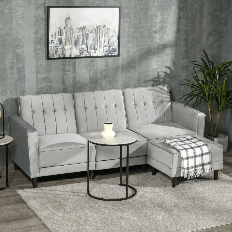 HOMCOM Upholstered L-Shaped Sofa Bed, Reversible Sectional Recliner Sofa Set, Velvet-Feel Sleeper Futon with Footstool, Grey