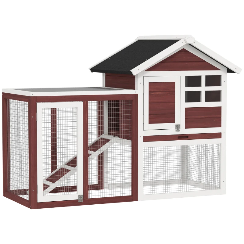 PawHut 48" Weatherproof Wooden Rabbit Hutch Bunny Cage Small Animal House with Slant Roof And Screened Outdoor Run, Brown
