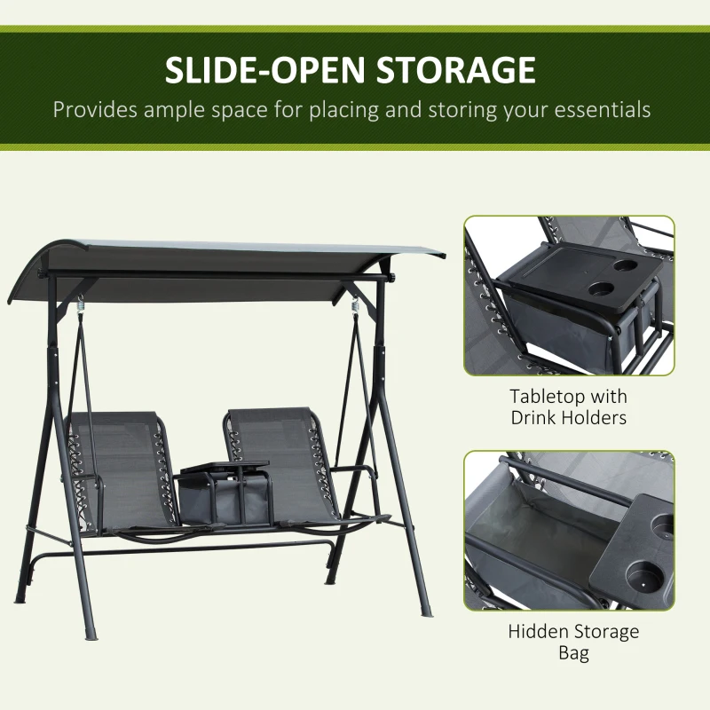 Outsunny 2 Person Covered Porch Swing Patio Swing with Pivot Storage Table, Cup Holder, & Adjustable Overhead Canopy, Grey