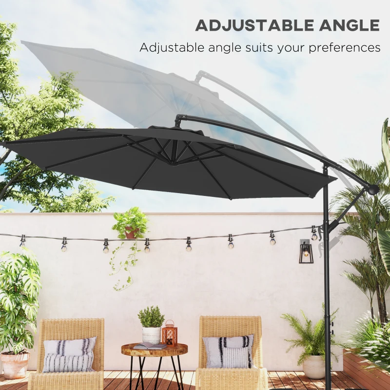 Outsunny 9.7ft Offset Patio Umbrella Garden Hanging Parasol Banana Cantilever Umbrella with Base, Crank, Black